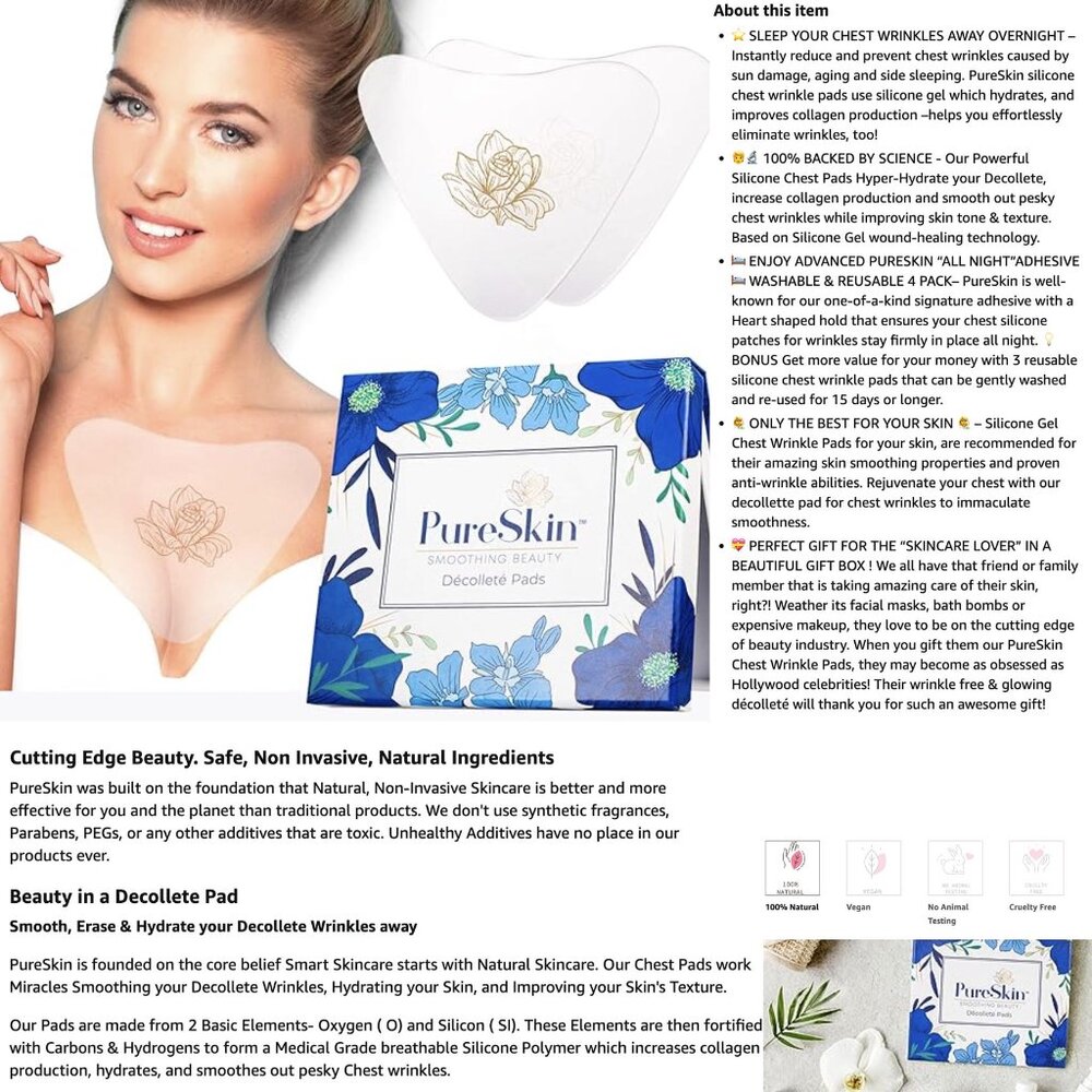 PureSkin Chest Wrinkle Pads 4 PACK Decollete Anti Wrinkle Chest Pads Silicone